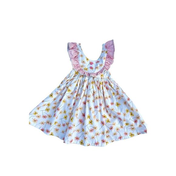 Girls Floral Indie Boheme Flutter sleeve Dress Pink Yellow flowers 3T/4T - Picture 3 of 6